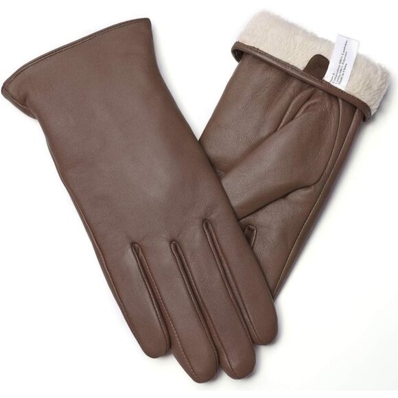 Women's Brown Touch Screen Warm Winter Driving Hull-Hand Leather Gloves - Picture 1 of 5